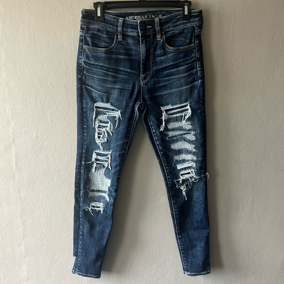 American Eagle Distressed Patched Hi Rise Jeggings Size 6 Short - Picture 1 of 9